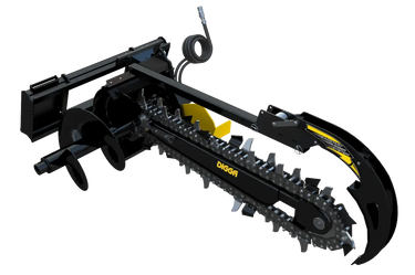 Angled view of a Bigfoot 1200 standard flow trencher skid steer attachment, showcasing its robust black steel frame, yellow trenching chain, and hydraulic system.